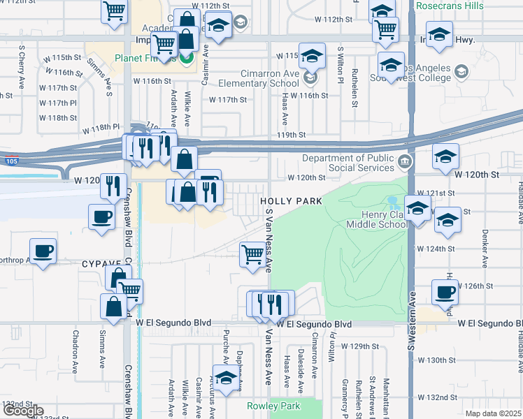 map of restaurants, bars, coffee shops, grocery stores, and more near 12025 Millennium Park Court in Hawthorne