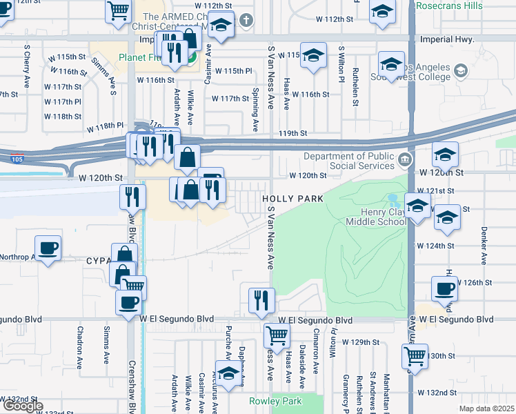 map of restaurants, bars, coffee shops, grocery stores, and more near 12026 Rock Creek Court in Hawthorne
