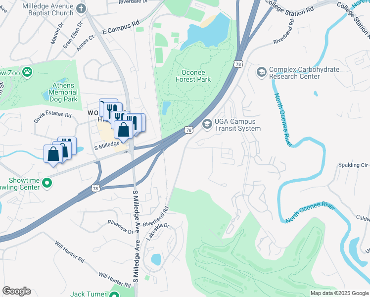 map of restaurants, bars, coffee shops, grocery stores, and more near 2501 Riverbend Road in Athens