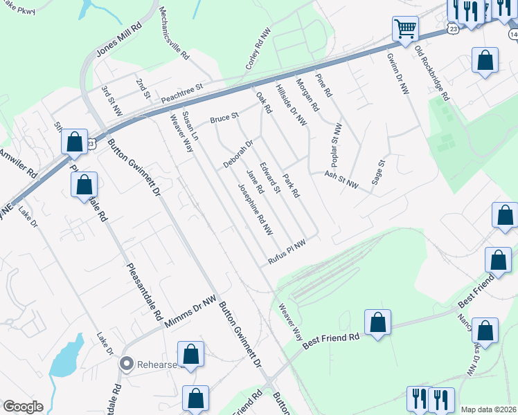 map of restaurants, bars, coffee shops, grocery stores, and more near 6193 Josephine Road Northwest in Doraville