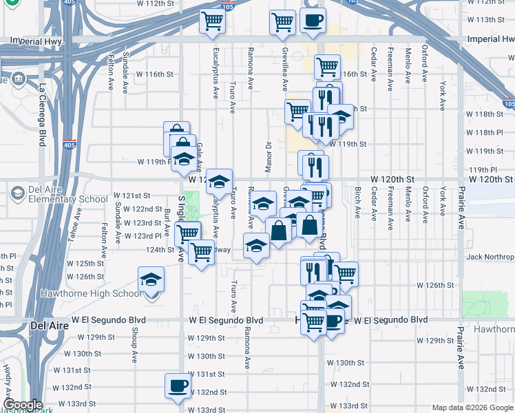 map of restaurants, bars, coffee shops, grocery stores, and more near 12128 Ramona Avenue in Hawthorne