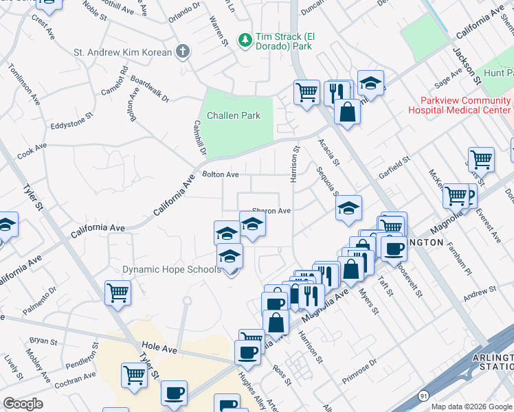 map of restaurants, bars, coffee shops, grocery stores, and more near 9851 Sharon Avenue in Riverside
