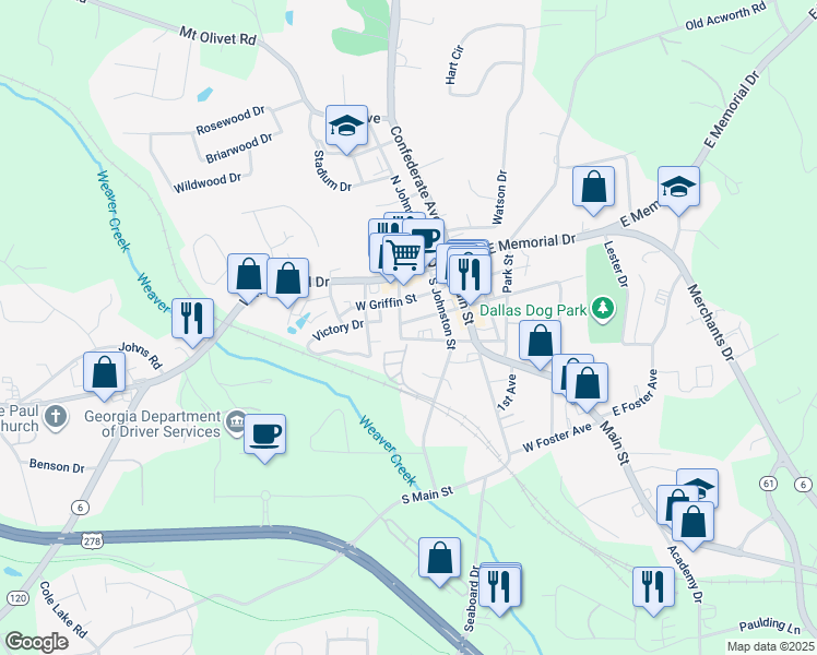 map of restaurants, bars, coffee shops, grocery stores, and more near 242 West Spring Street in Dallas