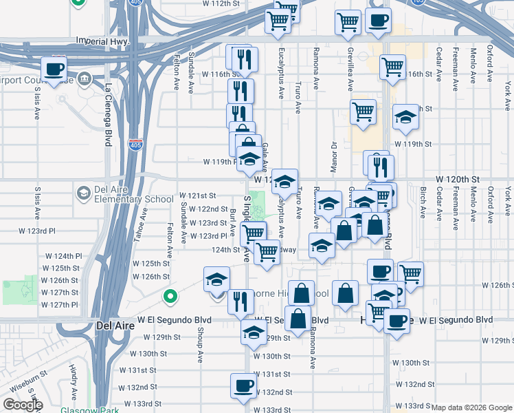 map of restaurants, bars, coffee shops, grocery stores, and more near 12100 South Inglewood Avenue in Hawthorne
