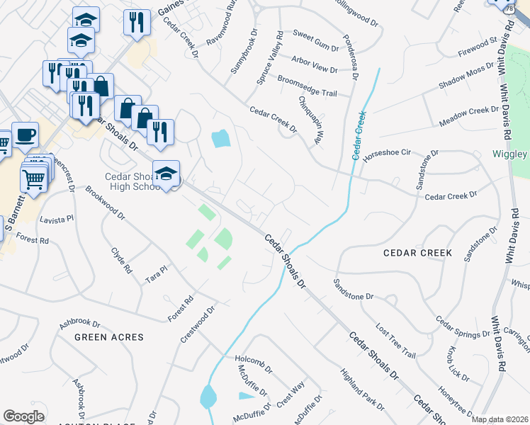 map of restaurants, bars, coffee shops, grocery stores, and more near 135 West Paces Drive in Athens