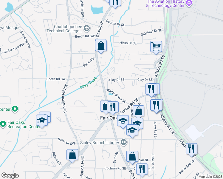 map of restaurants, bars, coffee shops, grocery stores, and more near 131 Walthall Avenue Southeast in Marietta