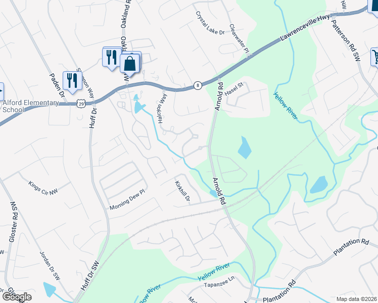 map of restaurants, bars, coffee shops, grocery stores, and more near 2307 Stancrest Lane in Lawrenceville