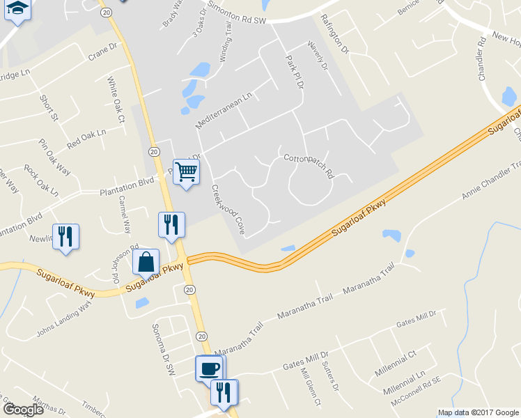 map of restaurants, bars, coffee shops, grocery stores, and more near 1360 Creekwood Cove in Lawrenceville