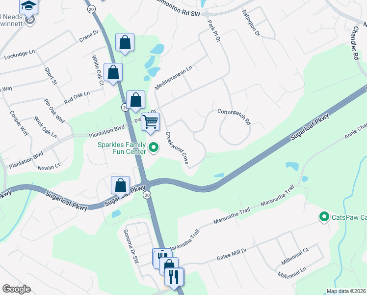 map of restaurants, bars, coffee shops, grocery stores, and more near 1380 Creekwood Cove in Lawrenceville