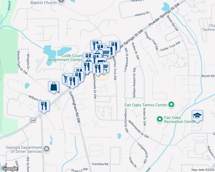 map of restaurants, bars, coffee shops, grocery stores, and more near 1500 Bellemeade Drive Southwest in Marietta