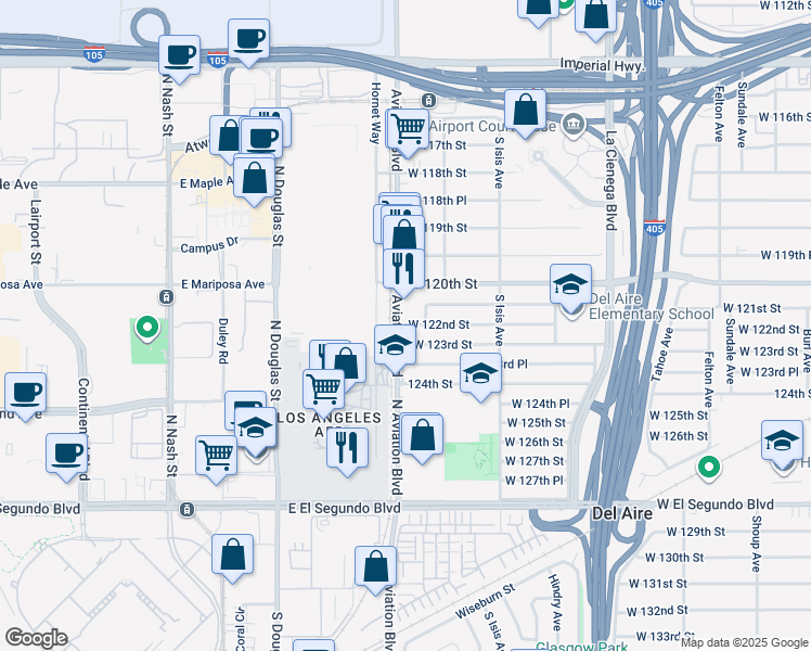 map of restaurants, bars, coffee shops, grocery stores, and more near 5357 West 122nd Street in Hawthorne