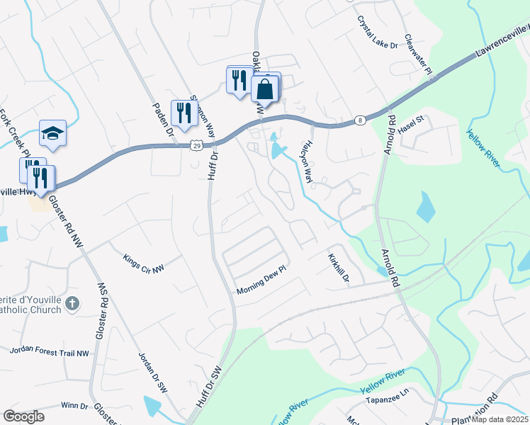map of restaurants, bars, coffee shops, grocery stores, and more near 121 Irwell Path in Lawrenceville