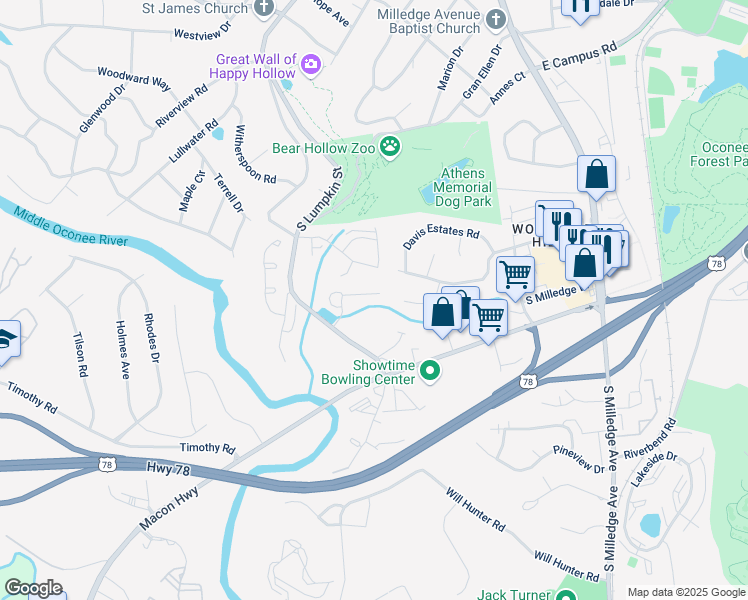 map of restaurants, bars, coffee shops, grocery stores, and more near 212 Eaglewood Court in Athens