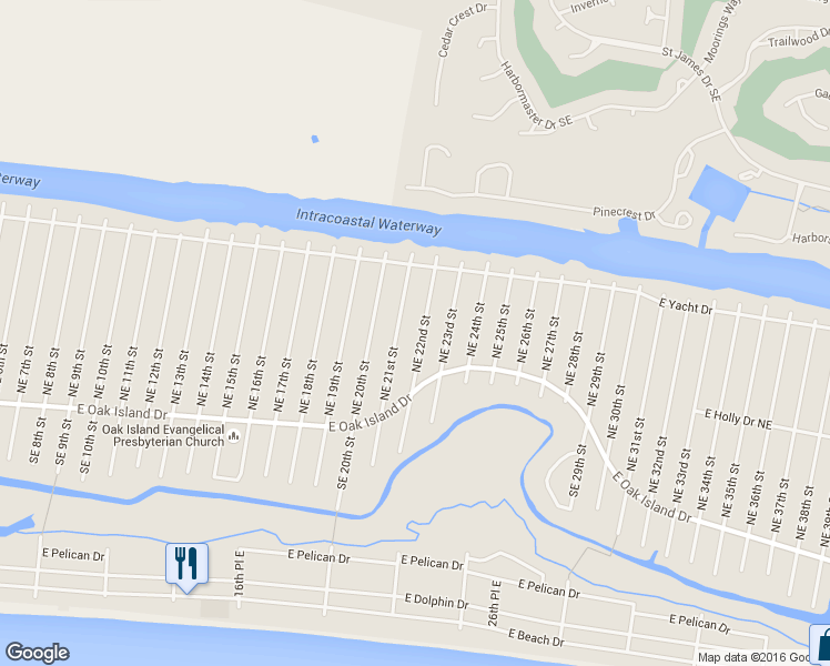 map of restaurants, bars, coffee shops, grocery stores, and more near 121 Northeast 22nd Street in Oak Island