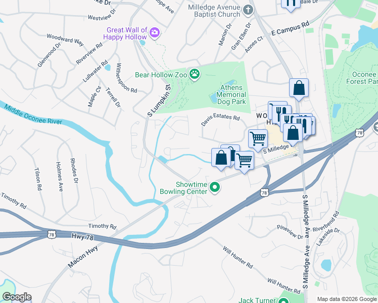 map of restaurants, bars, coffee shops, grocery stores, and more near 212 Eaglewood Court in Athens