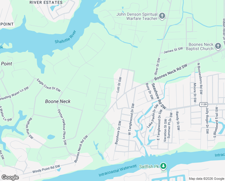 map of restaurants, bars, coffee shops, grocery stores, and more near 2127 Lott Street Southwest in Brunswick County