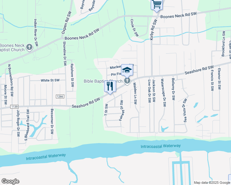 map of restaurants, bars, coffee shops, grocery stores, and more near 2487 Seashore Road Southwest in Supply