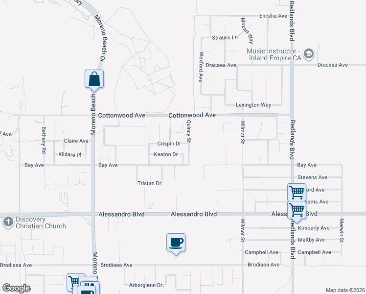 map of restaurants, bars, coffee shops, grocery stores, and more near 28445 Crispin Drive in Moreno Valley