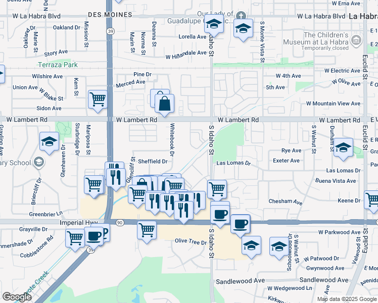map of restaurants, bars, coffee shops, grocery stores, and more near 1456 West Lambert Road in La Habra