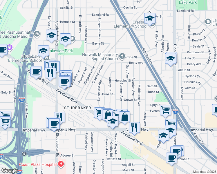 map of restaurants, bars, coffee shops, grocery stores, and more near 12046 Harvest Avenue in Norwalk