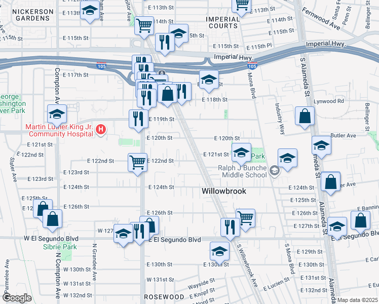 map of restaurants, bars, coffee shops, grocery stores, and more near 12022 South Willowbrook Avenue in Compton