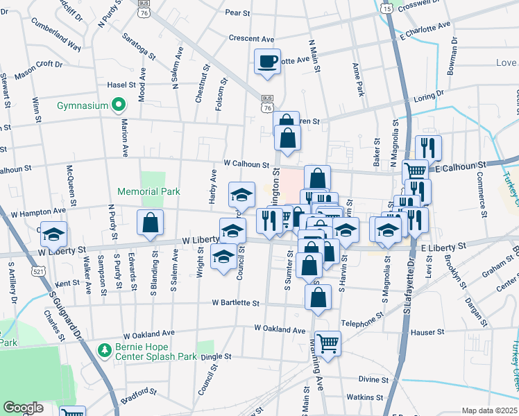 map of restaurants, bars, coffee shops, grocery stores, and more near 215 West Hampton Avenue in Sumter