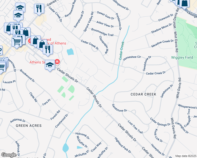 map of restaurants, bars, coffee shops, grocery stores, and more near 111 Oak Park Court in Athens
