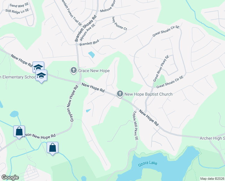 map of restaurants, bars, coffee shops, grocery stores, and more near 1136 Ida Woods Lane Southeast in Lawrenceville