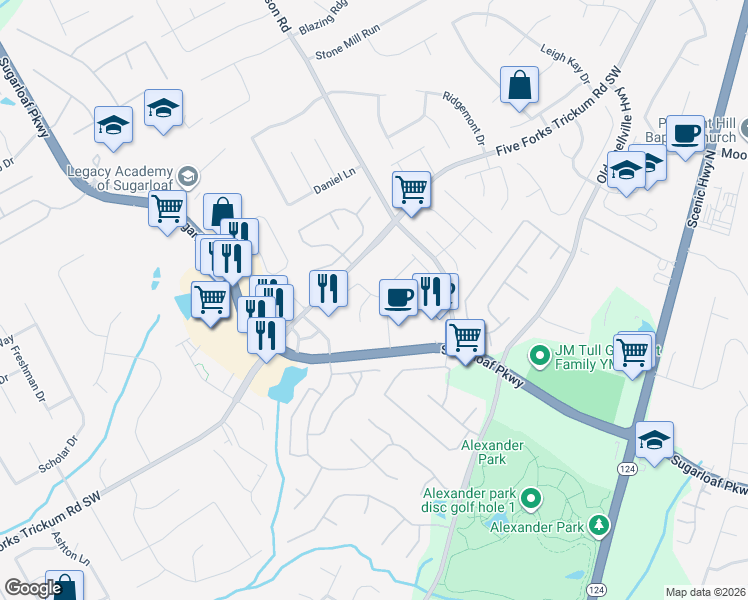 map of restaurants, bars, coffee shops, grocery stores, and more near 516 Bellbrook Lane in Lawrenceville