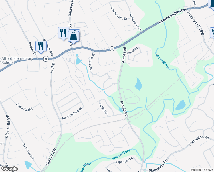 map of restaurants, bars, coffee shops, grocery stores, and more near 2307 Stancrest Lane in Lawrenceville