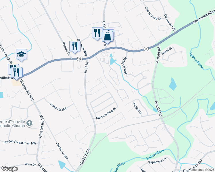 map of restaurants, bars, coffee shops, grocery stores, and more near 121 Irwell Path in Lawrenceville