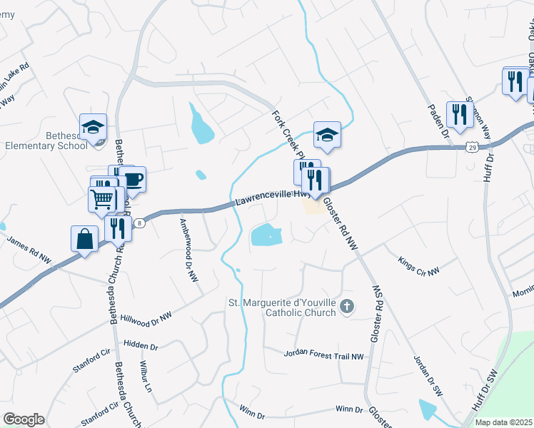map of restaurants, bars, coffee shops, grocery stores, and more near 303 Oldvine Drive in Lawrenceville