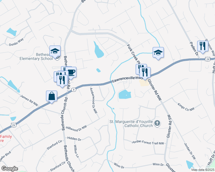 map of restaurants, bars, coffee shops, grocery stores, and more near 2804 U.S. 29 in Lawrenceville