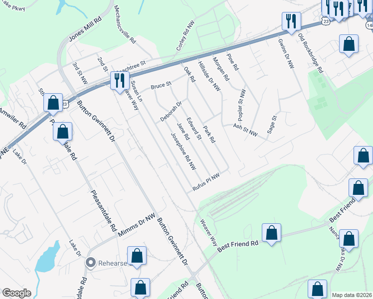 map of restaurants, bars, coffee shops, grocery stores, and more near 6193 Josephine Road Northwest in Doraville