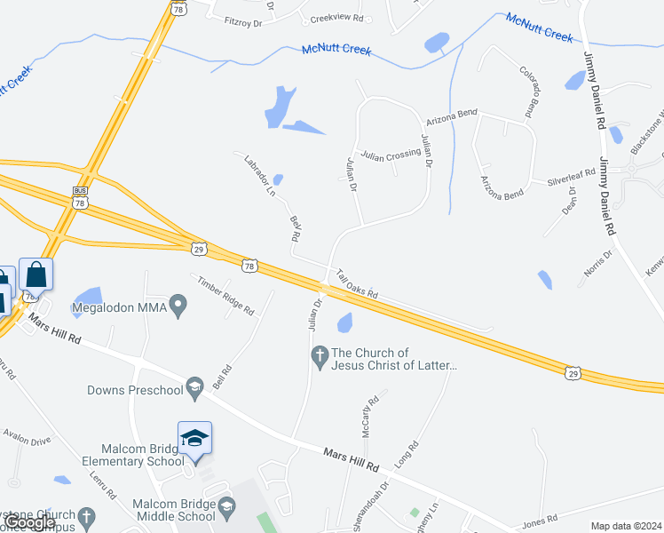 map of restaurants, bars, coffee shops, grocery stores, and more near 1071 Tall Oaks Road in Bogart