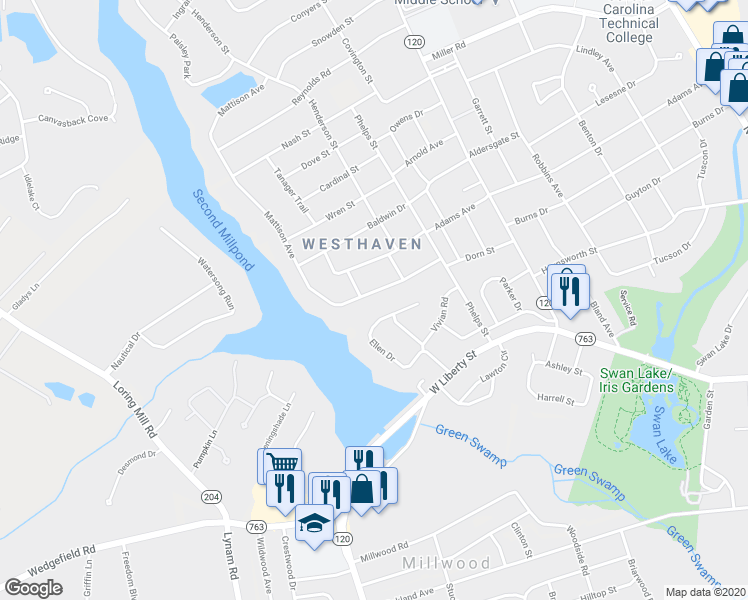 map of restaurants, bars, coffee shops, grocery stores, and more near 560 Mattison Avenue in Sumter