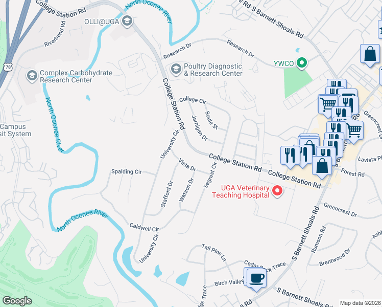 map of restaurants, bars, coffee shops, grocery stores, and more near 1054 College Station Road in Athens