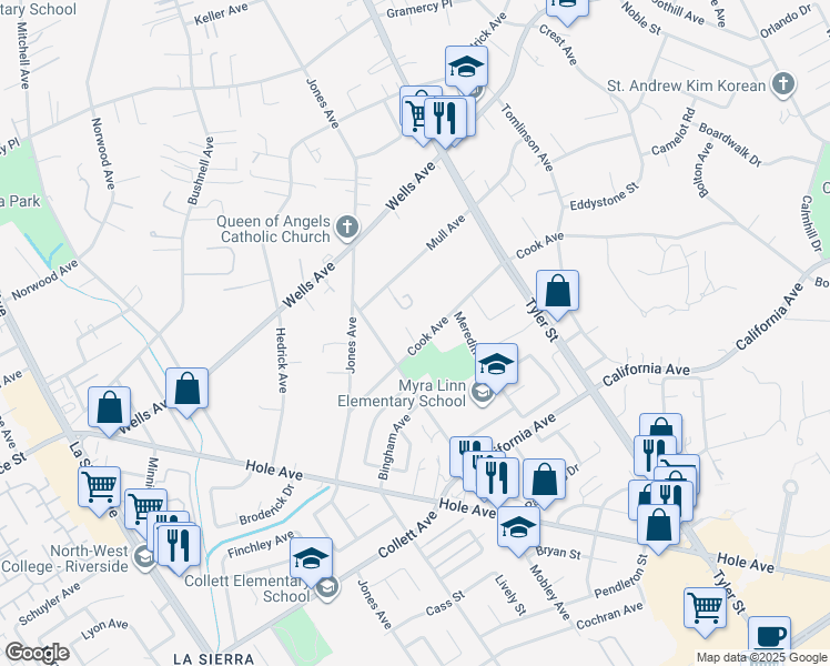 map of restaurants, bars, coffee shops, grocery stores, and more near 4611 Duarte Court in Riverside