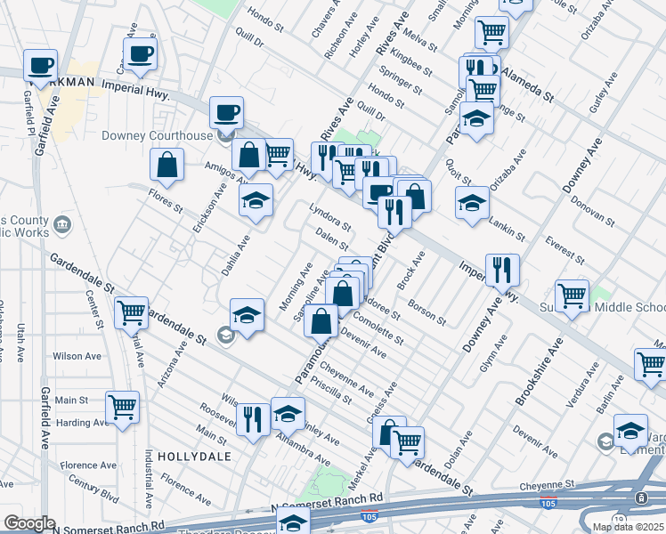 map of restaurants, bars, coffee shops, grocery stores, and more near 7928 Borson Street in Downey