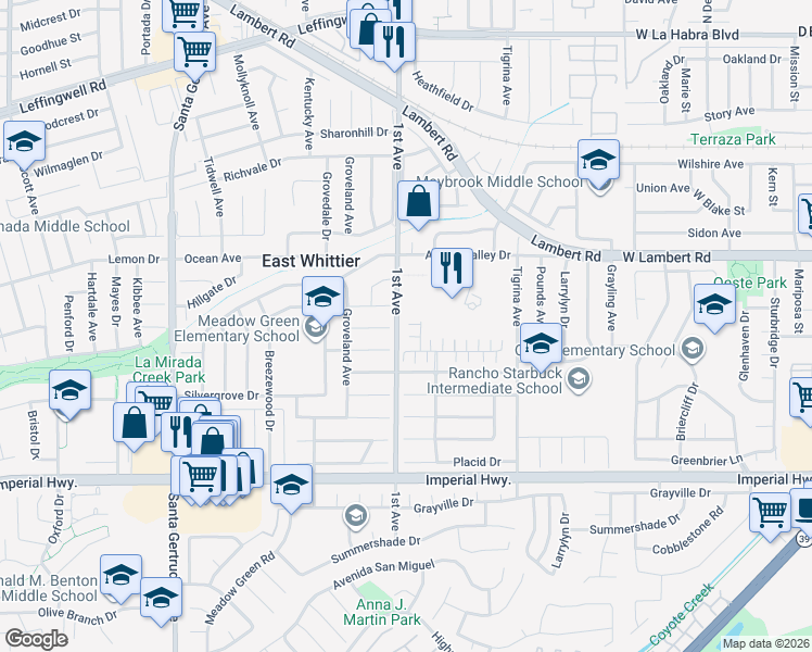 map of restaurants, bars, coffee shops, grocery stores, and more near 12017 Lavender Lane in Whittier