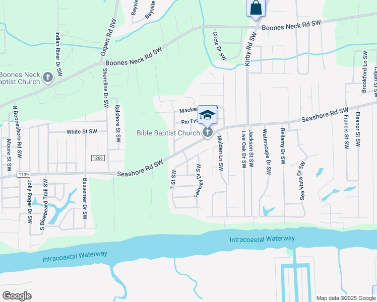 map of restaurants, bars, coffee shops, grocery stores, and more near 2487 Seashore Road Southwest in Supply