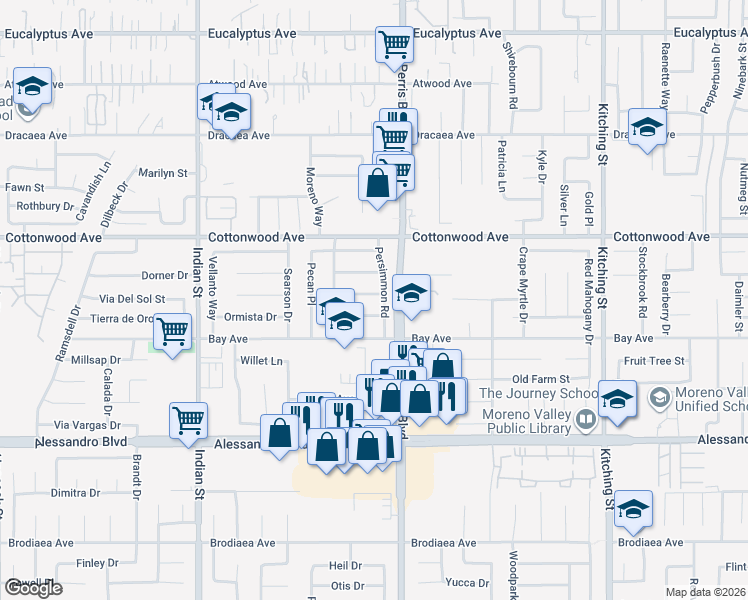 map of restaurants, bars, coffee shops, grocery stores, and more near 24947 Branch Street in Moreno Valley