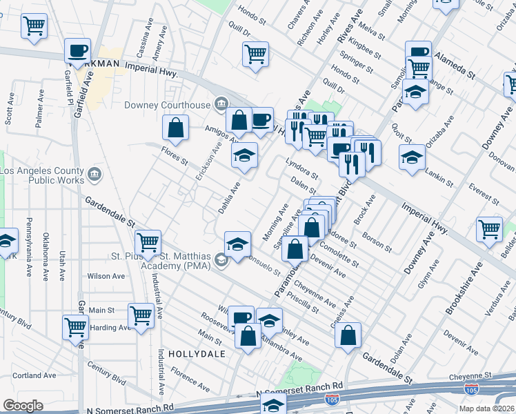 map of restaurants, bars, coffee shops, grocery stores, and more near 7826 Comolette Street in Downey