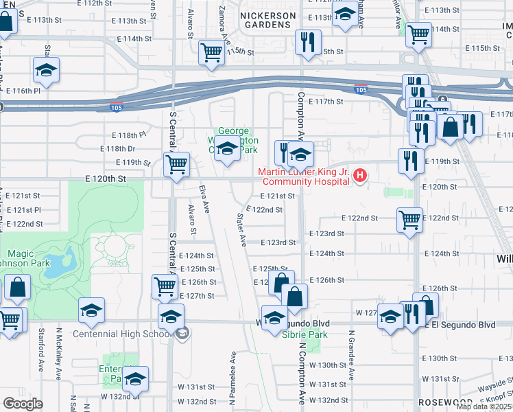 map of restaurants, bars, coffee shops, grocery stores, and more near 12108 Slater Avenue in Los Angeles