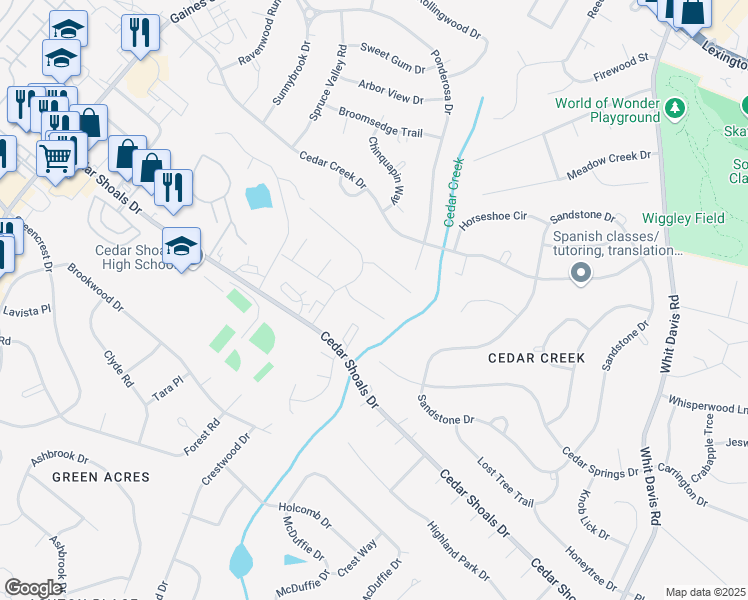 map of restaurants, bars, coffee shops, grocery stores, and more near 111 Oak Park Court in Athens
