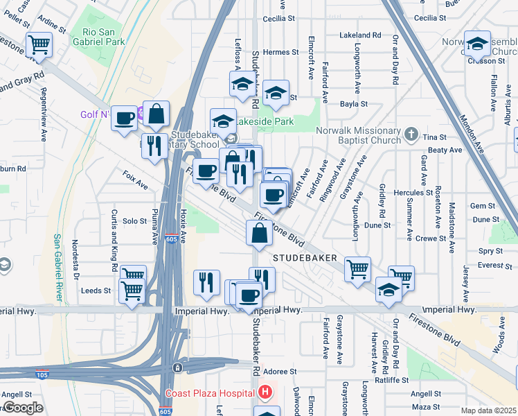map of restaurants, bars, coffee shops, grocery stores, and more near in Norwalk