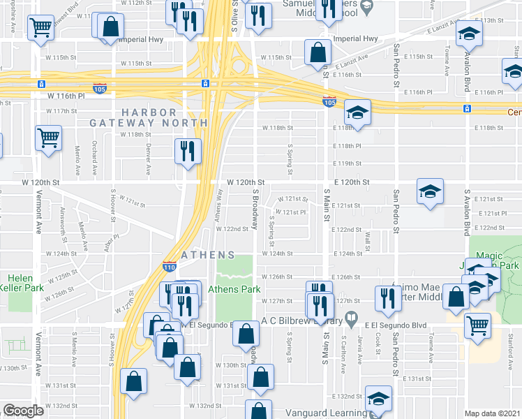 map of restaurants, bars, coffee shops, grocery stores, and more near 12102 South Broadway in Los Angeles