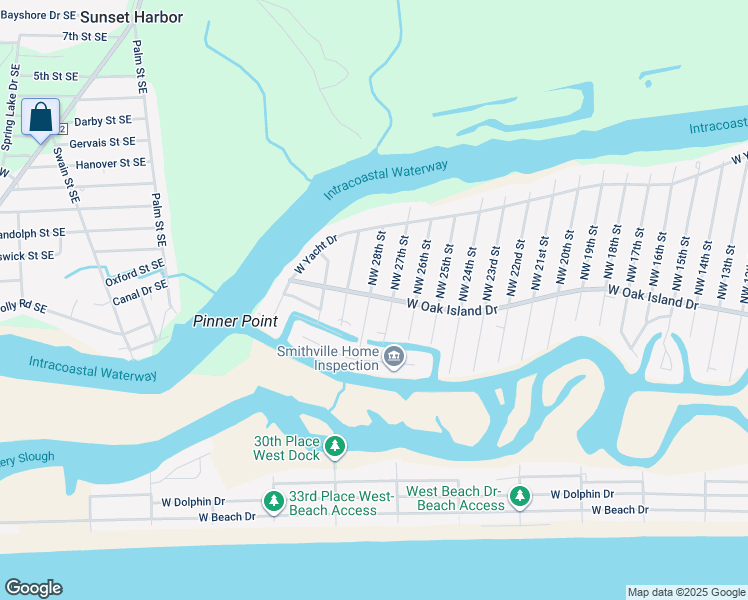 map of restaurants, bars, coffee shops, grocery stores, and more near 2601 West Oak Island Drive in Oak Island