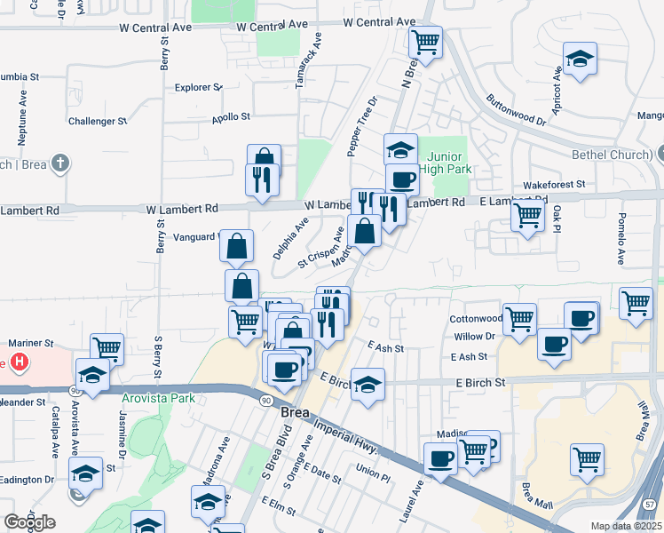 map of restaurants, bars, coffee shops, grocery stores, and more near 236 North Madrona Avenue in Brea