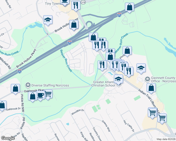 map of restaurants, bars, coffee shops, grocery stores, and more near 1529 Cove Creek Circle in Norcross